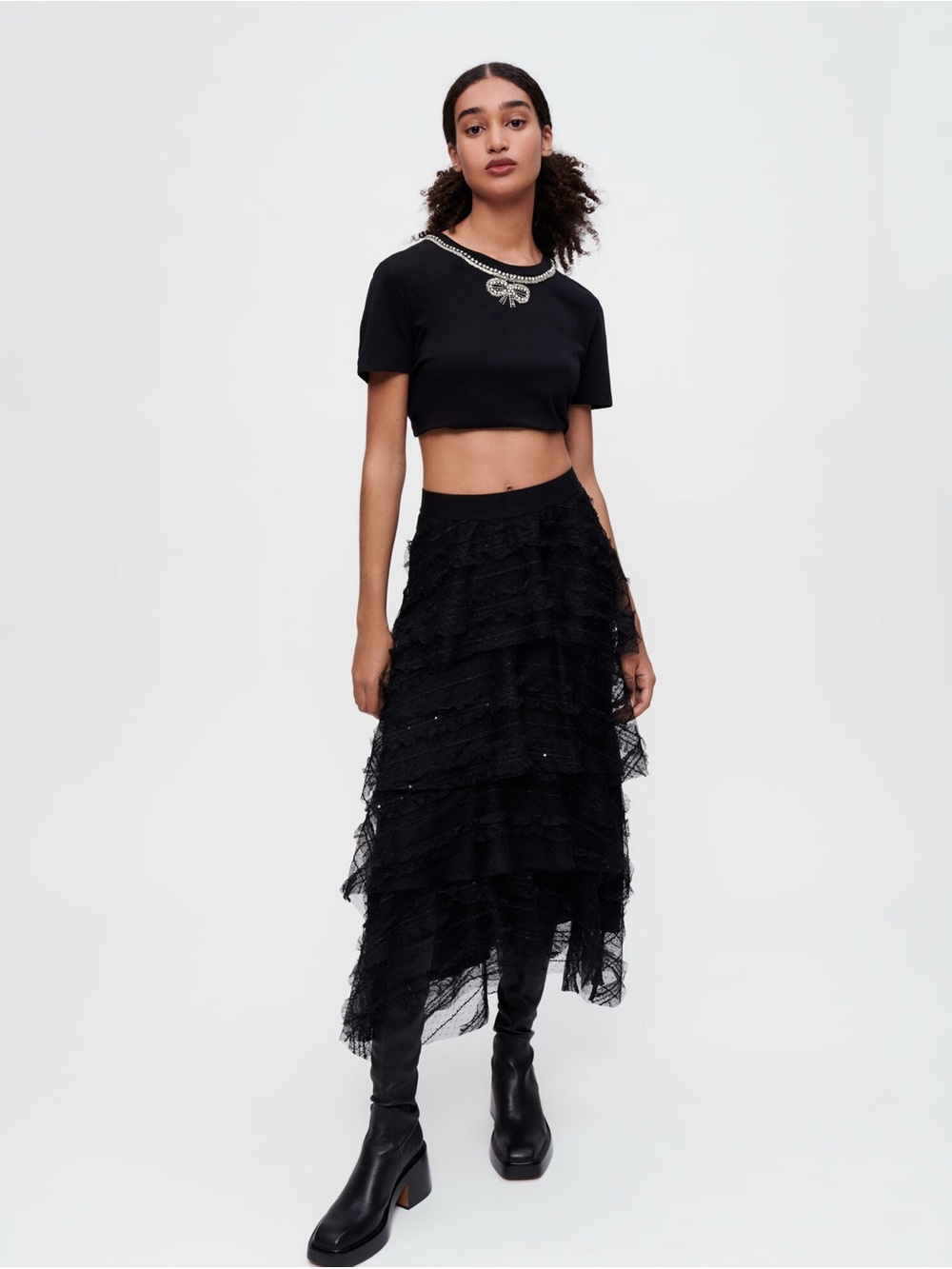 Maje Dotted Swiss Tulle Ruffle Asymmetrical Skirt with Sequins Size 38 (US M)